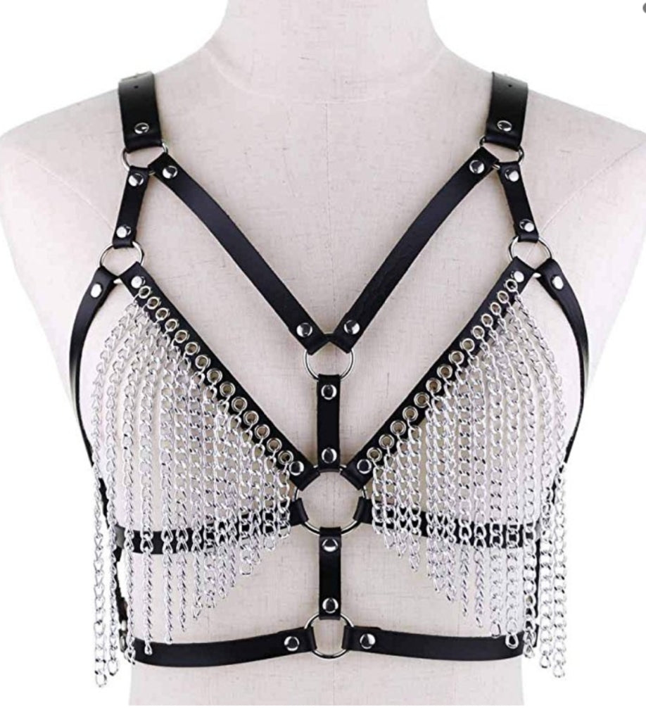 leather harnesd bra with chain tassels (+colors)