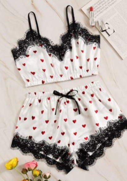 lace trim heart print crop cami set