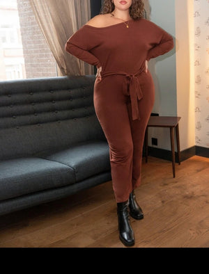 brown off shoulder wide leg jumpsuit