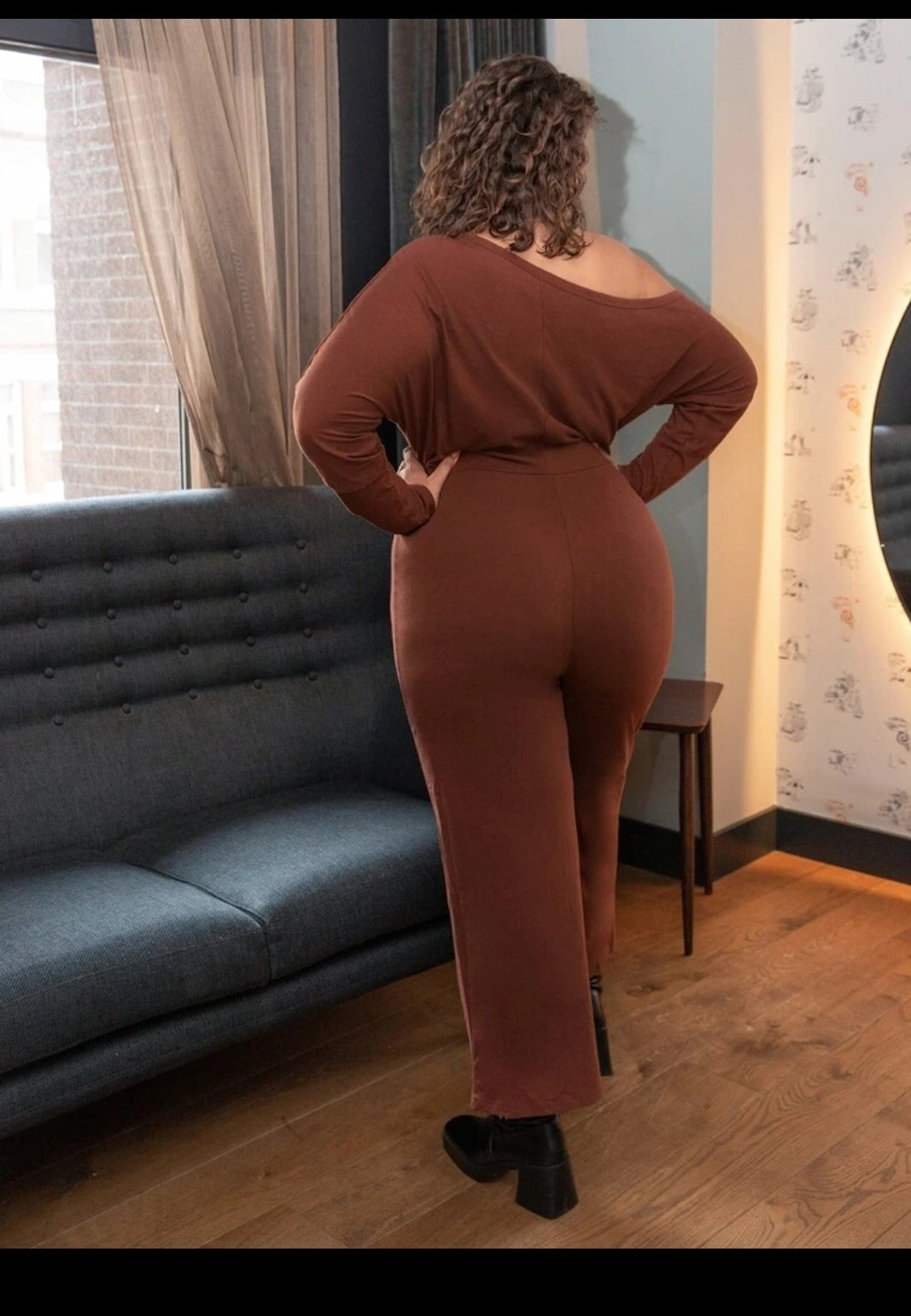 brown off shoulder wide leg jumpsuit